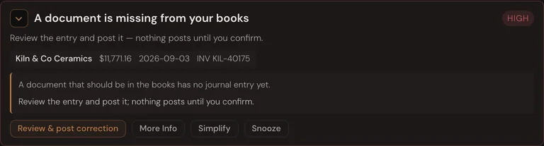 A books-health card: A document is missing from your books, rated high. The Kiln and Co Ceramics bill for $11,771.16, invoice KIL-40175, with More Info open and a Review and post correction button.