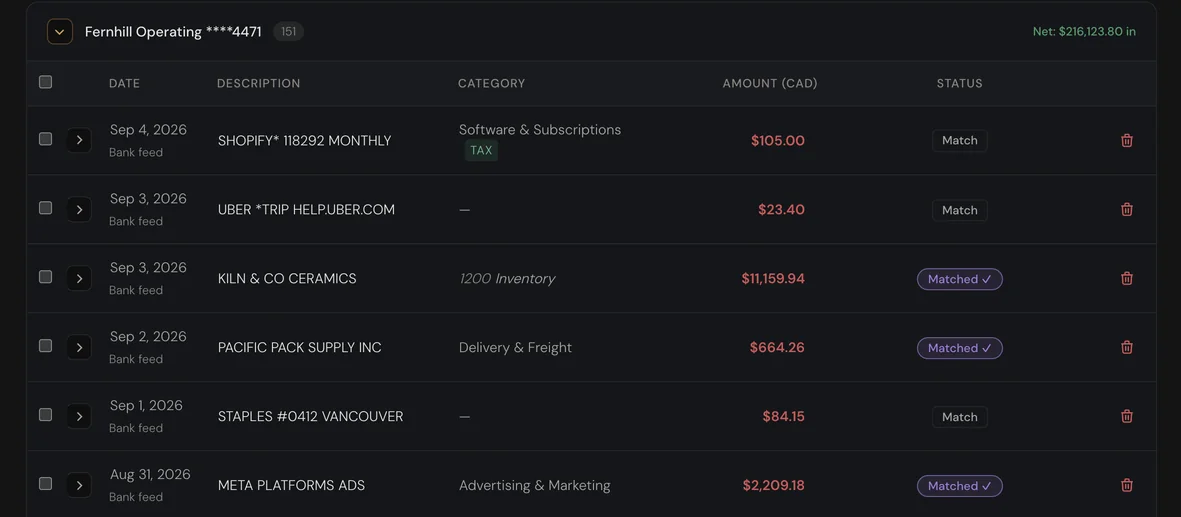Bank feed transactions, most marked Matched, one marked Payout.