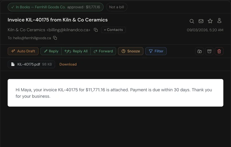 An open supplier email with an In Books strip showing the captured amount.